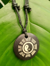 Yin Yang Pendant Agate Bagua Spiritual Icon Gemstone Feng Shui Corded Necklace - £6.66 GBP