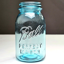 Antique 1922-33 Ball PERFECT MASON Quart Jar Regular Mouth Blue Glass Decor #1 - $25.00
