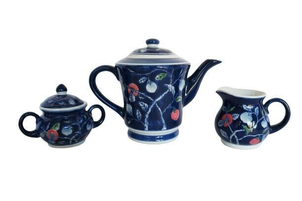 Vintage blue &amp; white fruit design asian style teapot, sugar &amp; creamer set - $39.99