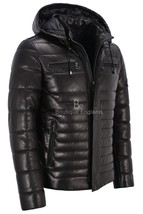 Men’s Black Puffer Real Sheepskin Quilted Hooded Leather Jacket All Sizes - £143.86 GBP