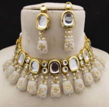 Gold Plated Bollywood Style Indian Kundan Choker White Necklace Jewelry Set - £37.52 GBP