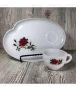 Vintage Federal Glass ROSECREST Milk Glass Snack Plate Cup Red Rose Repl... - £19.51 GBP