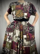 Vintage 1980s Abstract Print Rayon Fit &amp; Flare Multi Color Maxi Dress Sz... - £34.66 GBP