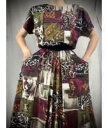 Vintage 1980s Abstract Print Rayon Fit &amp; Flare Multi Color Maxi Dress Sz... - £34.03 GBP