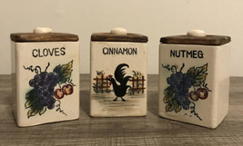 Vintage 3 Pcs Ceramic Canister Set Square Cloves Nutmeg Cinnamon Grapes Chicken - £27.77 GBP