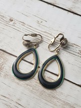Vintage Clip On Earrings - Green &amp; Gold Tone - Lightweight Dangle - £9.50 GBP