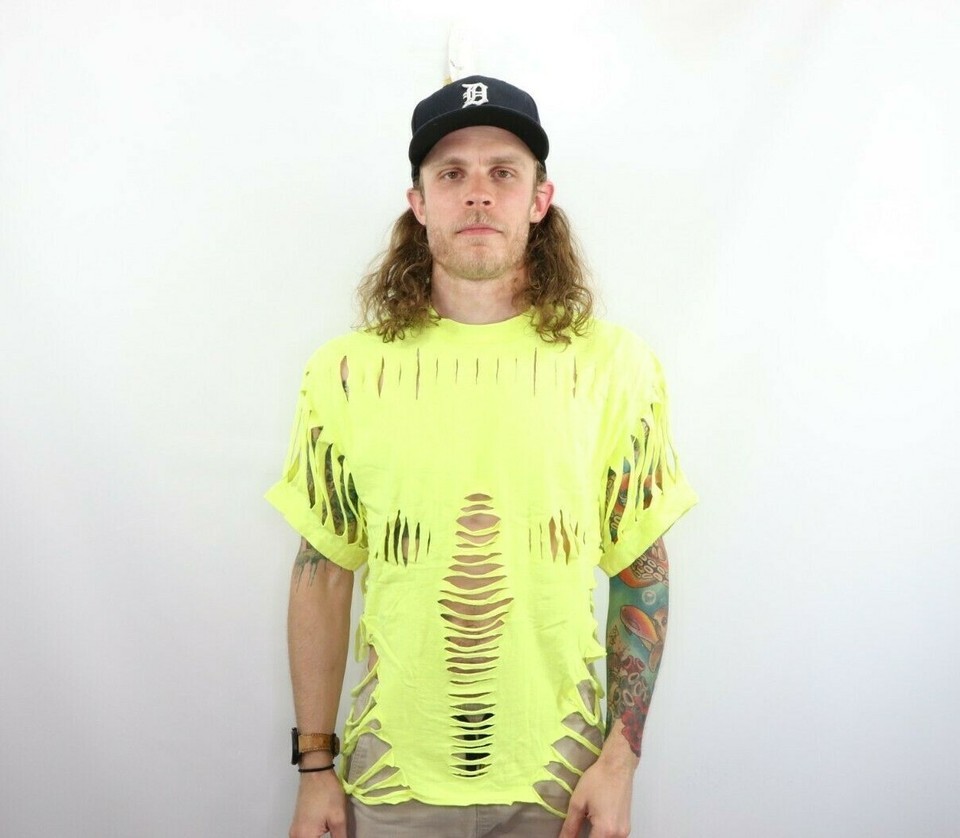 NOS Vtg 90s Streetwear Acid Wash Cut Fringed Short Sleeve T-Shirt Neon A... - $19.75