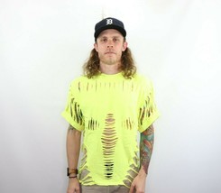 NOS Vtg 90s Streetwear Acid Wash Cut Fringed Short Sleeve T-Shirt Neon A... - $19.75