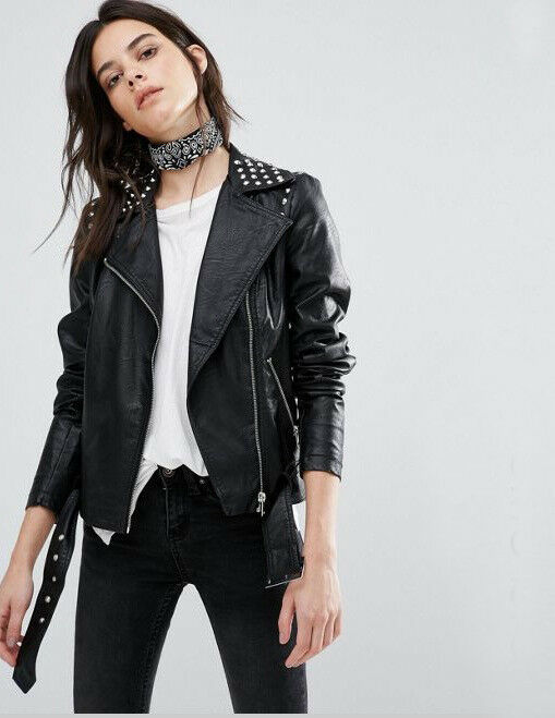 Made To Order Women Black Color Superior Leather Silver Studded Handmade Jacket