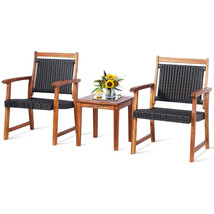 Patiojoy 3PCS Outdoor Rattan Bistro Set Acacia Wood Frame Armrest Chairs... - $260.99