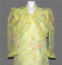 VTG Yellow Flocked Floral 2-Pc Sleeveless Dress &amp; Ruffle Cropped Jacket ... - $2,274.35 MXN