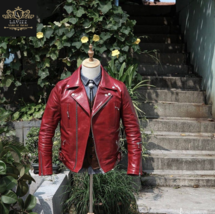 Genuine Cowhide red Leather Jacket men Vegetable Tanned Cowhide vintage jacket - £207.03 GBP