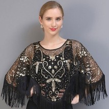 Sparkling Sequin Shawl with Tassels | Beaded Pearl Shoulder Wrap Flapper Bolero - £35.38 GBP