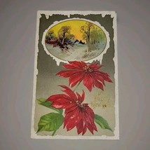 Postcard Christmas Happy New Year Embossed Poinsettias Winter Scene Vint... - £3.84 GBP