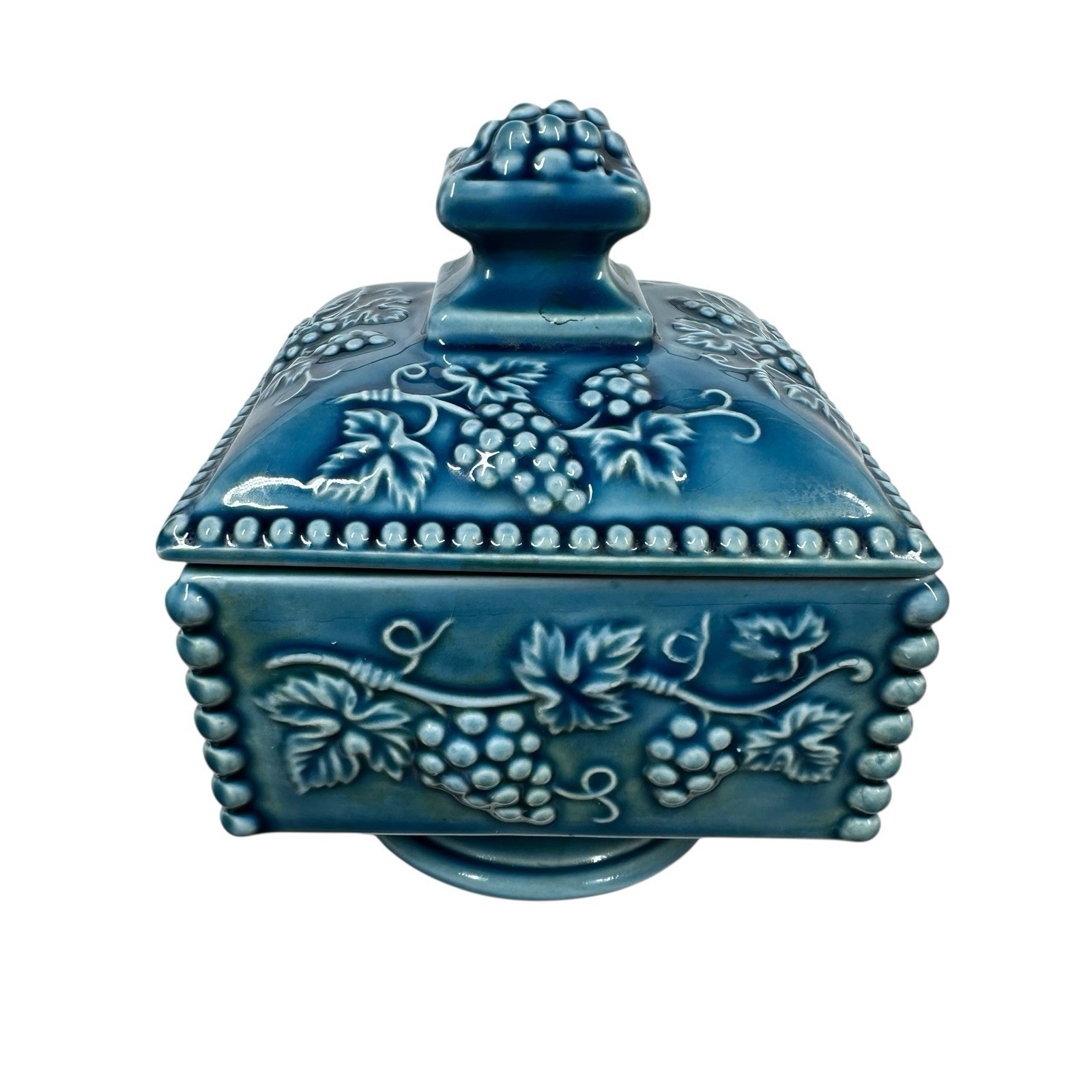 Vintage Enesco Turquoise Pedestal Grapevine Candy Nut Dish with Lid Square Japan Item image 2