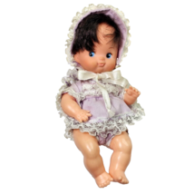 Vintage Baby Doll Hard Plastic 6in Purple Outfit Blue Eyes Brown Hair MCM LXXVII - $10.97