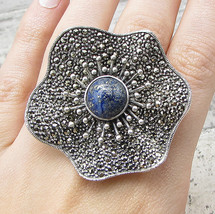 925 Silver - Lapis Lazuli &amp; Marcasite Wild Spring Flower Ring Sz 7.5 - RG1544 - £57.37 GBP