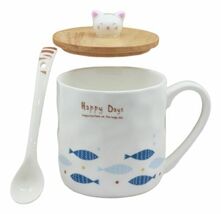 Happy Days Kitty Cat With Fishes Ceramic Coffee Tea Mug Cup With Spoon A... - $18.49