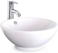 16&quot; White Ceramic Round Sink with Overflow Above Counter Bathroom Vessel... - $122.55