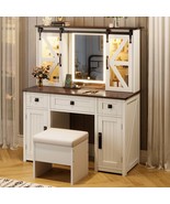Farmhouse Makeup Vanity w/ Lighted Mirror, Barn Door, Storage, Charging - €285,06 EUR