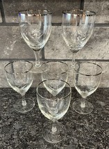 6 Vintage Etched Rose Hand Blown Glass Water Goblets Platinum Trim Elegant - $34.58