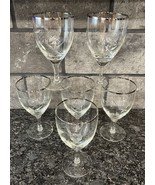 6 Vintage Etched Rose Hand Blown Glass Water Goblets Platinum Trim Elegant - $34.58