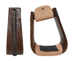 Western 5&quot; Wide Brown Rawhide Wrap Angled Slanted Saddle Roper Stirrups ... - $59.39