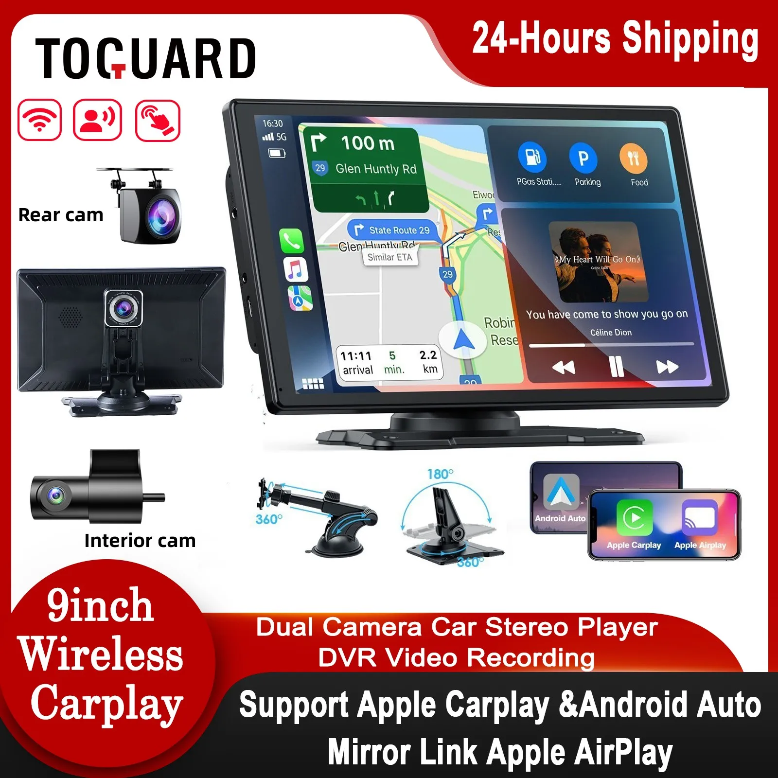 TOGUARD 9&quot; Wireless Apple Carplay Android Auto Car play Screen CarPlay - £89.46 GBP+