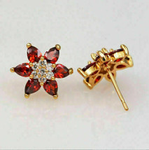 2.50Ct Simulated Red Ruby Push Back Flower Stud Earrings 14k Yellow Gold Plated - £58.10 GBP