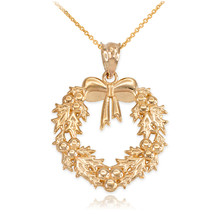 14k Solid Gold Christmas Wreath Pendant Necklace - Yellow, Rose, or White Gold - £252.99 GBP+