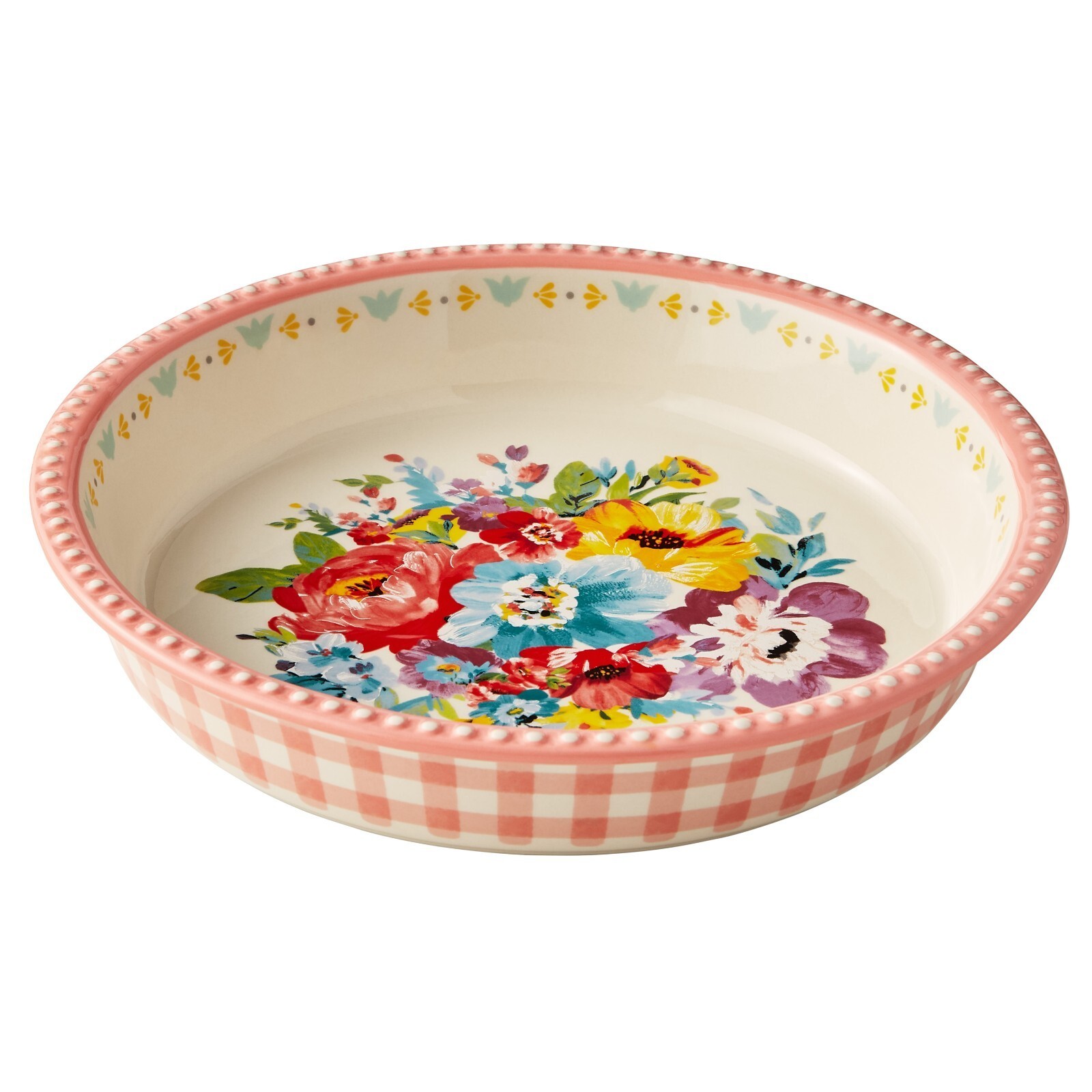 Pioneer Woman ~ Sweet Romance ~ 9.4" Stoneware ~ Gingham w/Floral Design Pie Pan Item image 2
