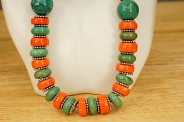 Vintage Ethnic Estate Jewelry Green Turquoise &amp; Coral Beaded Tibetan Necklace - £97.08 GBP