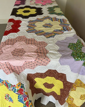 MCM Vintage Colorful Handmade Quilt Octagon Mixed Material 60x94 Flower - £178.02 GBP