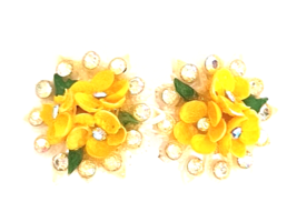 Vintage Flower Shaped Women&#39;s Earrings Screw On Style Yellow Sparkling Crystals - £9.59 GBP