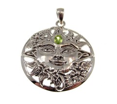 Solid 925 Sterling Silver Spring Sun Face Pendant with Peridot by Peter Stone - £39.75 GBP