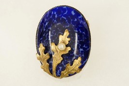 Vintage Costume Jewelry Cobalt Blue Murano Glass Oak Leaf Oval Brooch Pin - £36.16 GBP