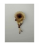 Unbranded Gold Tone Filagree Flower Brooch Red-Purple Stones - £8.09 GBP