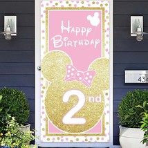 Cartoon Golden Pink Mouse Happy 2Nd Birthday Banner Backdrop Background Supplies - £19.69 GBP