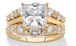 Princess Cz Jacket Wedding Gp 2 Ring Set 18K Gold Sterling Silver 6 7 8 9 10 - £319.73 GBP