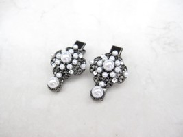 2 small dark silver metal pearl and crystal filigree hair clip for fine thin - £7.97 GBP