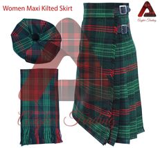 Maxi Kilted Skirt - Women&#39;s Kilts Ross Hunting Modern Tartan - Tam Hat &amp; Scarf - £52.11 GBP