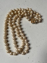 Vintage Double Strand Classic Hand Knotted Ecru Faux Pearl Glass Bead Choker Nec - £11.87 GBP