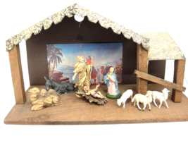Wooden Nativity Creche w Assorted Figures Jesus Mary Joseph Sheep Camel Donkey - £14.23 GBP