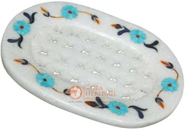 5&quot;x3&quot; Marble White Soap Dish Bar Turquoise Inlaid Handmade Art Bathroom ... - £118.12 GBP