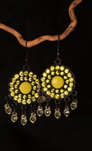 Vintage 80s Yellow Rhinestone Earrings Dangle Drop Boho Gypsy Tribal Pierced - £8.01 GBP