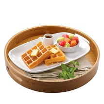 14 Inch Large Round Serving Tray With Handle, Bamboo Wood Circle Tray, Decorativ - £30.04 GBP