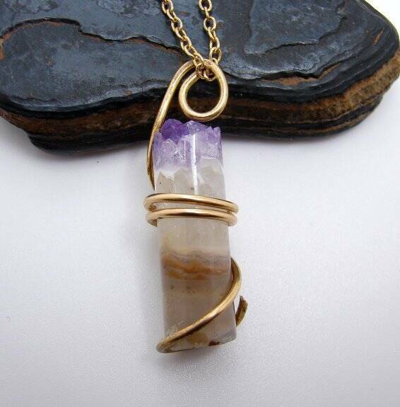 Brazilian Grape Amethyst, Citrine, Clear Quartz Pendant in Merlin&#39;s Gold... - $44.00