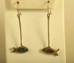 Vintage Sterling Signed TBM Mexico Inlaid Muti stone Fish Dangle Hook Earrings - £31.10 GBP