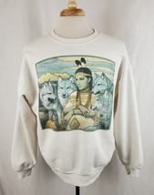 Vintage Indigenous Woman &amp; Wolves Sweatshirt Adult XL White Crew 50/50 J... - $27.99