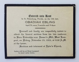 1923 ant antique OBADIAH EBLING MEMORIAL Card st petersburg fl Epler Chu... - £32.97 GBP